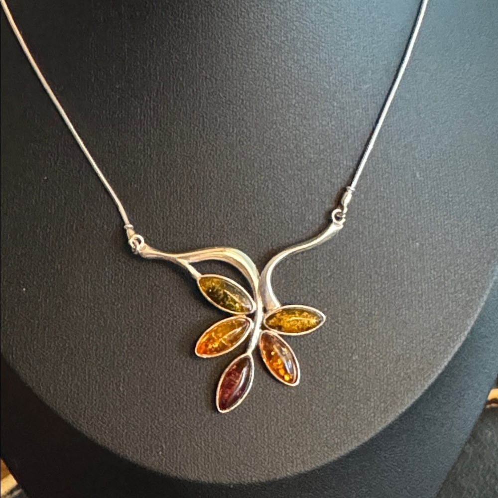 Sterling Silver Amber Necklace with Elegant Leaf Design